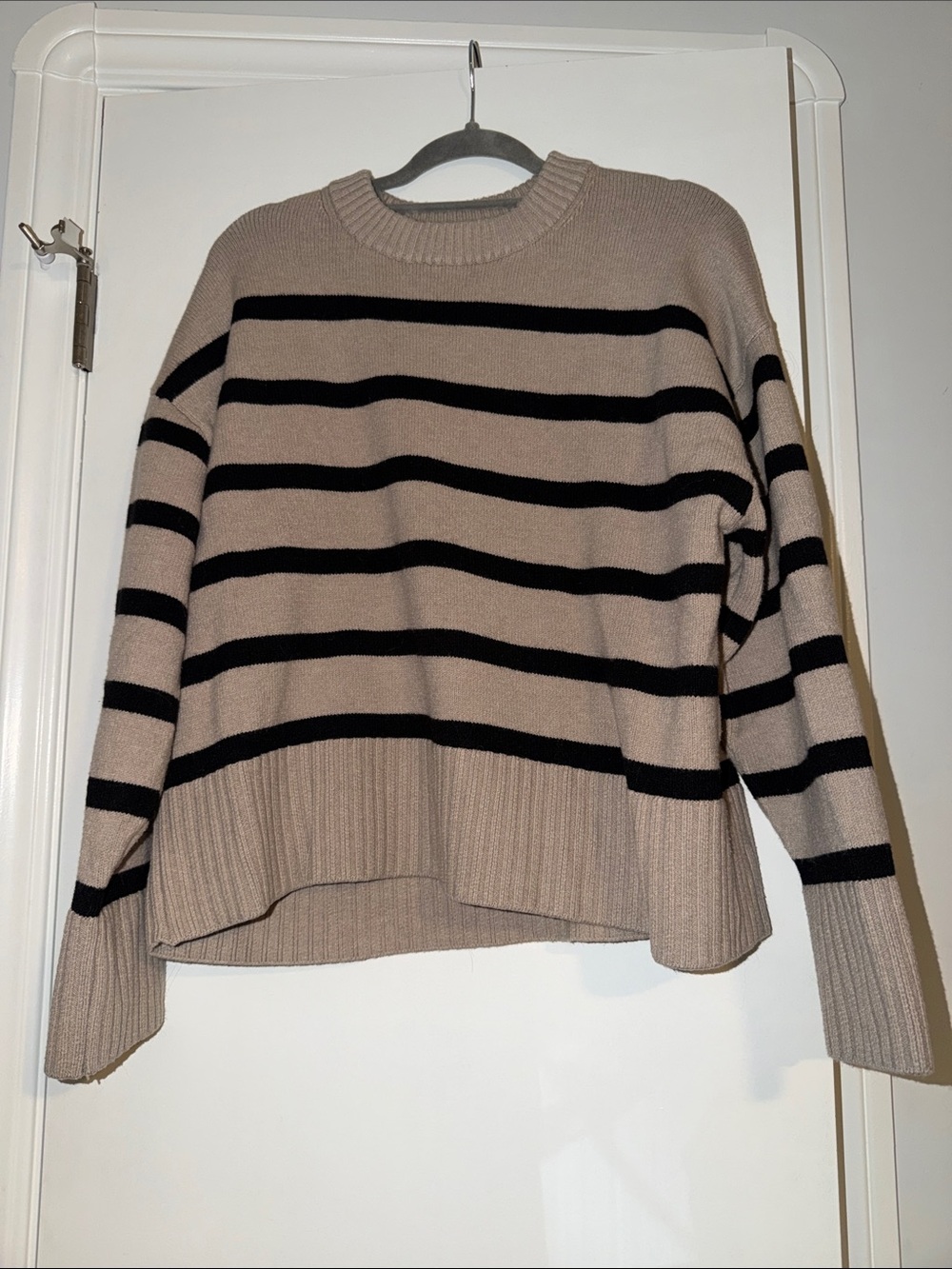 Striped Crewneck Sweater in Taupe and Black